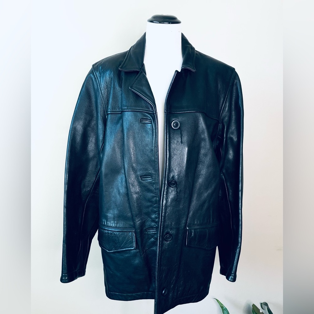 Vintage Oakwood Classic Black Leather Jacket Medium Button Down Satin Lining